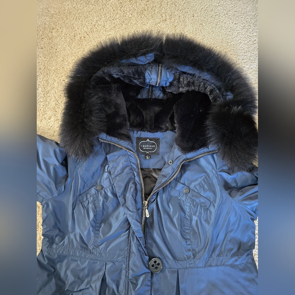1 Madison Luxe Large Blue Iridescent Coat Fox Fur Lined Hood (Fur Removable.) - Picture 6 of 13